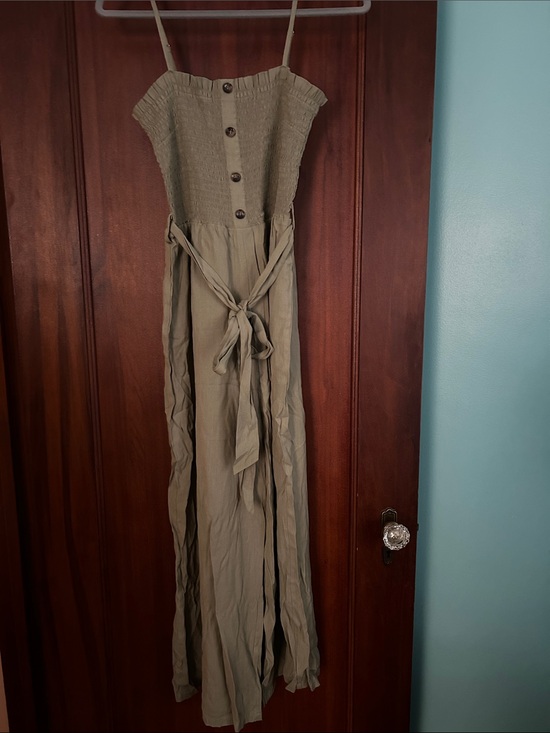 Pink Lily Pants - Smocked Button Front Maxi Jumpsuit in Olive